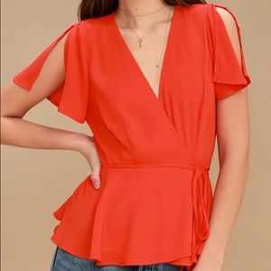 Lulus Think Chic Coral Red Peplum Wrap Top